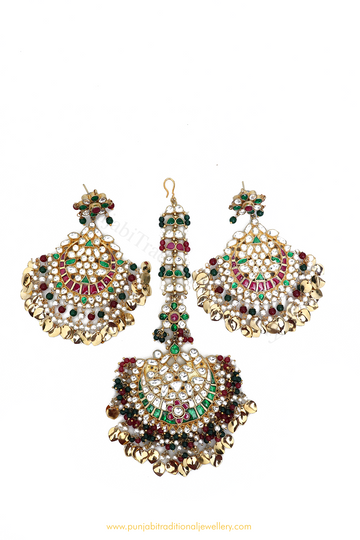 Gold Finished Rubby Emerald Kundan Earring & Tikka Set By PTJ
